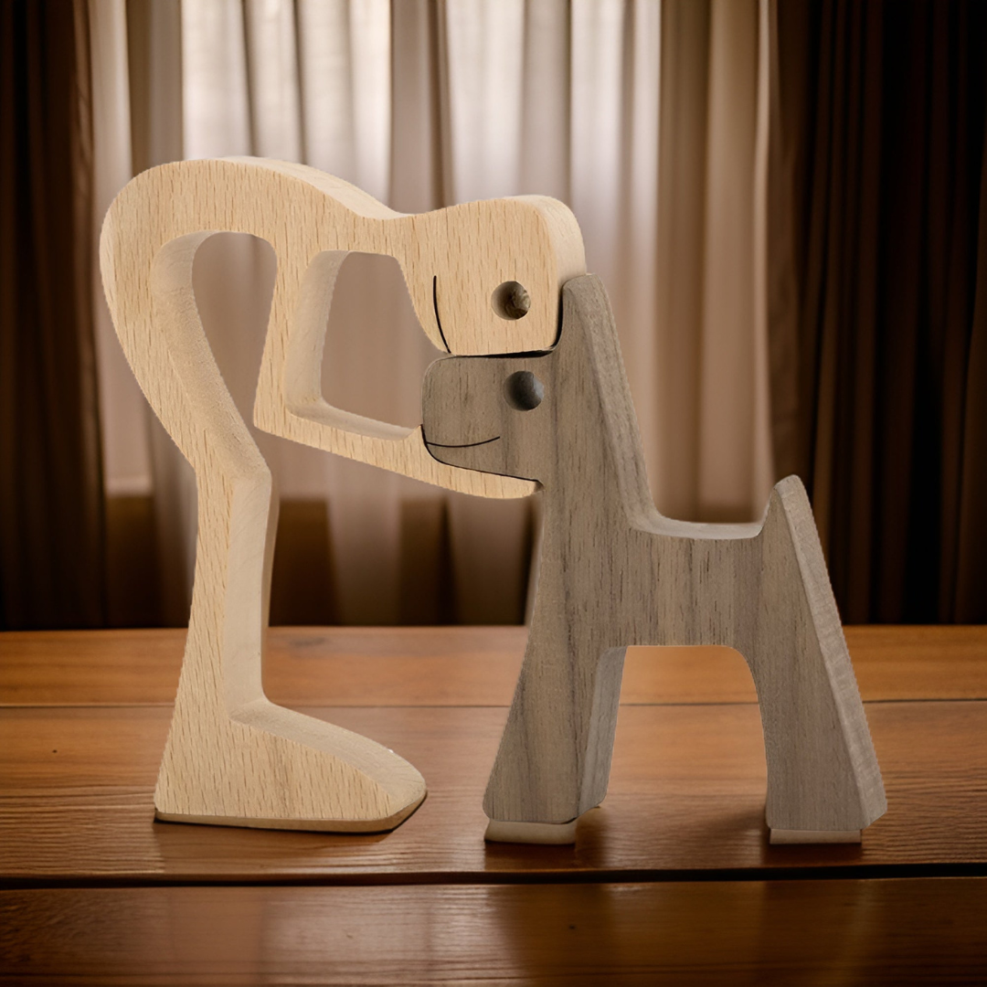 Handmade Wooden Dog & Owner Figurine