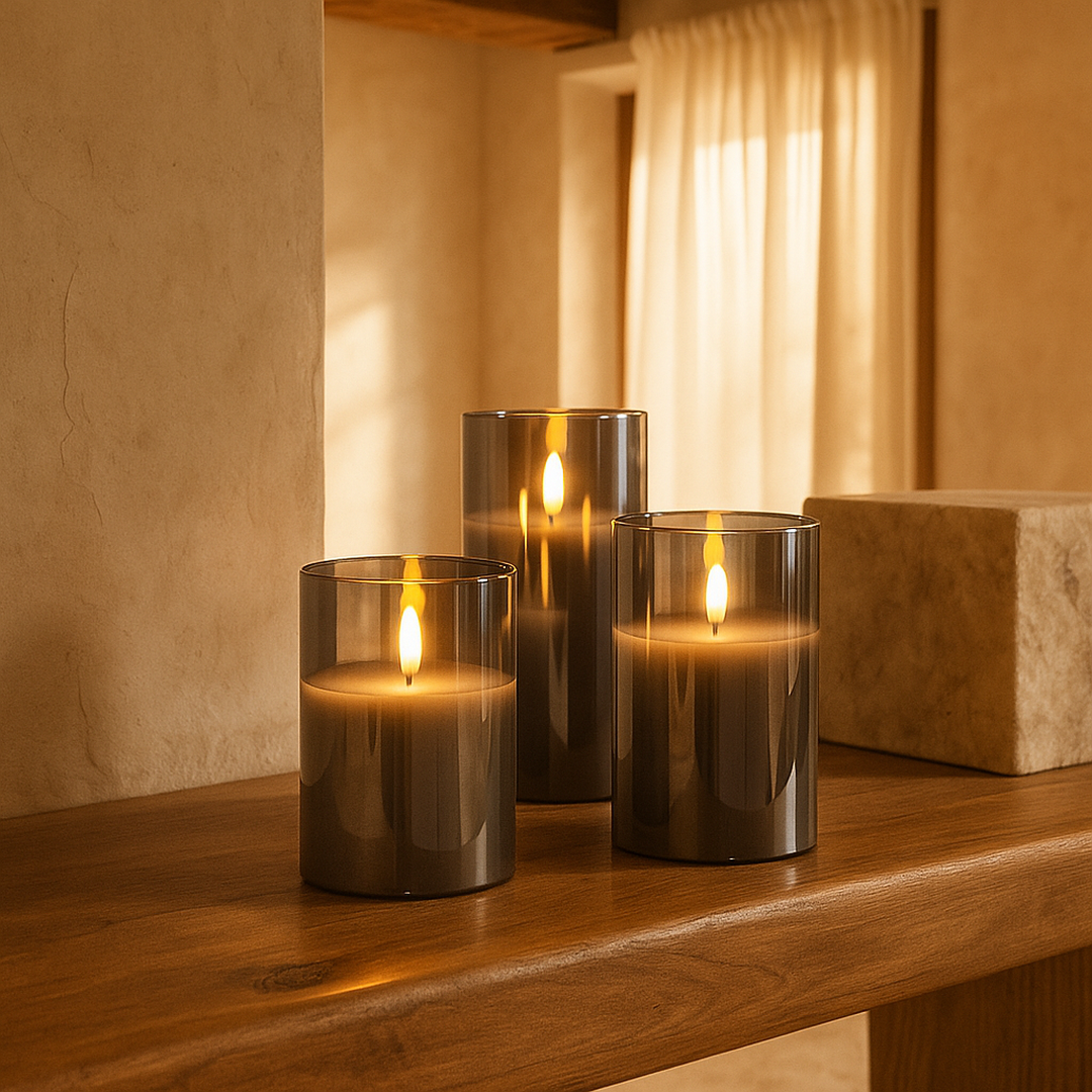 Glass-Cover Wax Candles – Set of Three