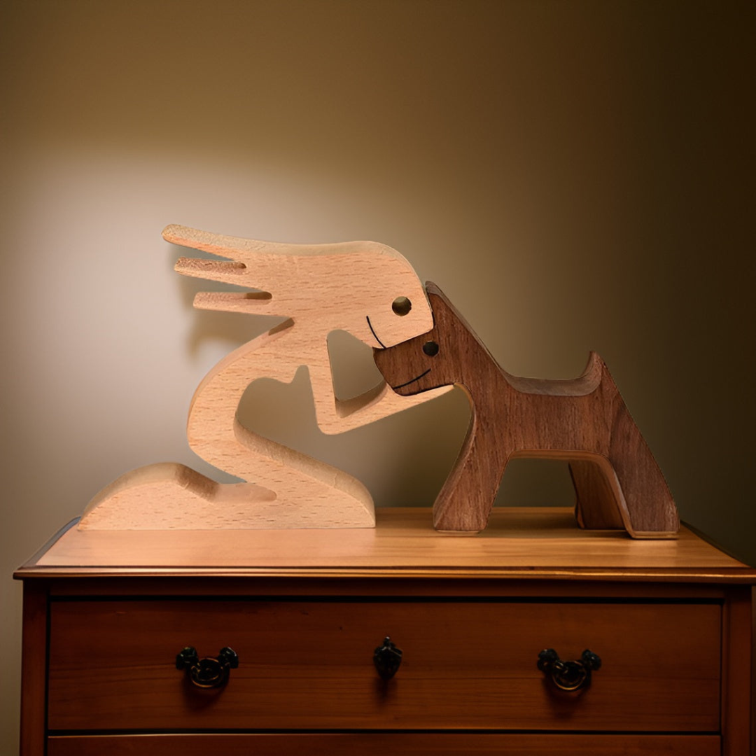 Handmade Wooden Dog & Owner Figurine