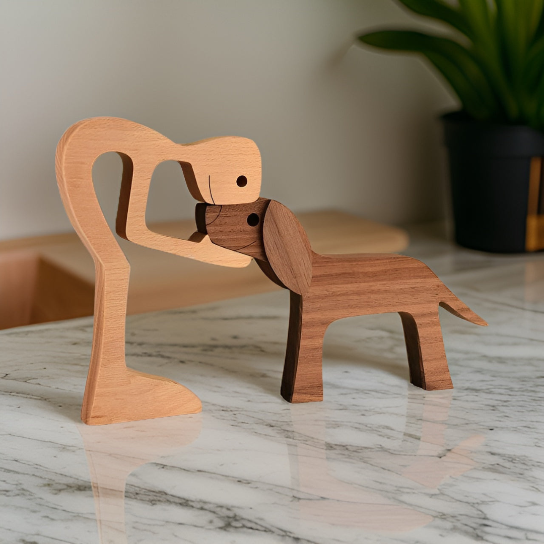 Handmade Wooden Dog & Owner Figurine