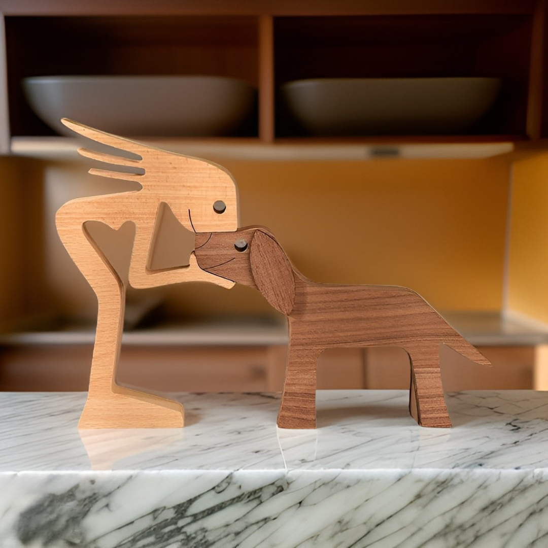 Handmade Wooden Dog & Owner Figurine