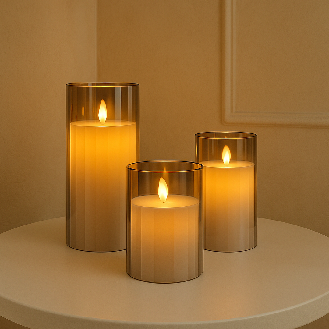 Glass-Cover Wax Candles – Set of Three