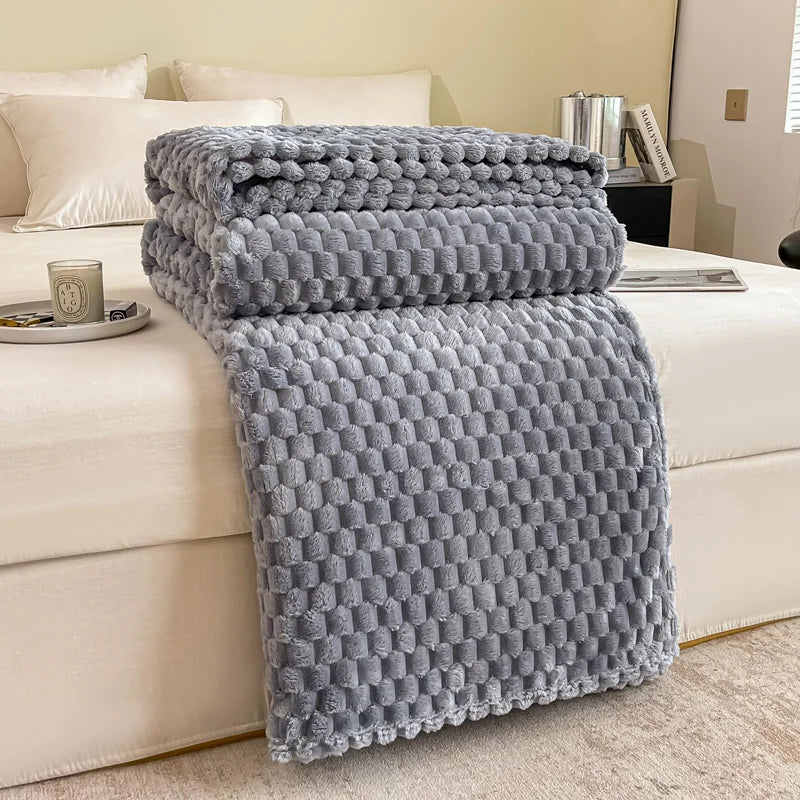 Checked Velvet Throw Blanket for Sofa and Bed