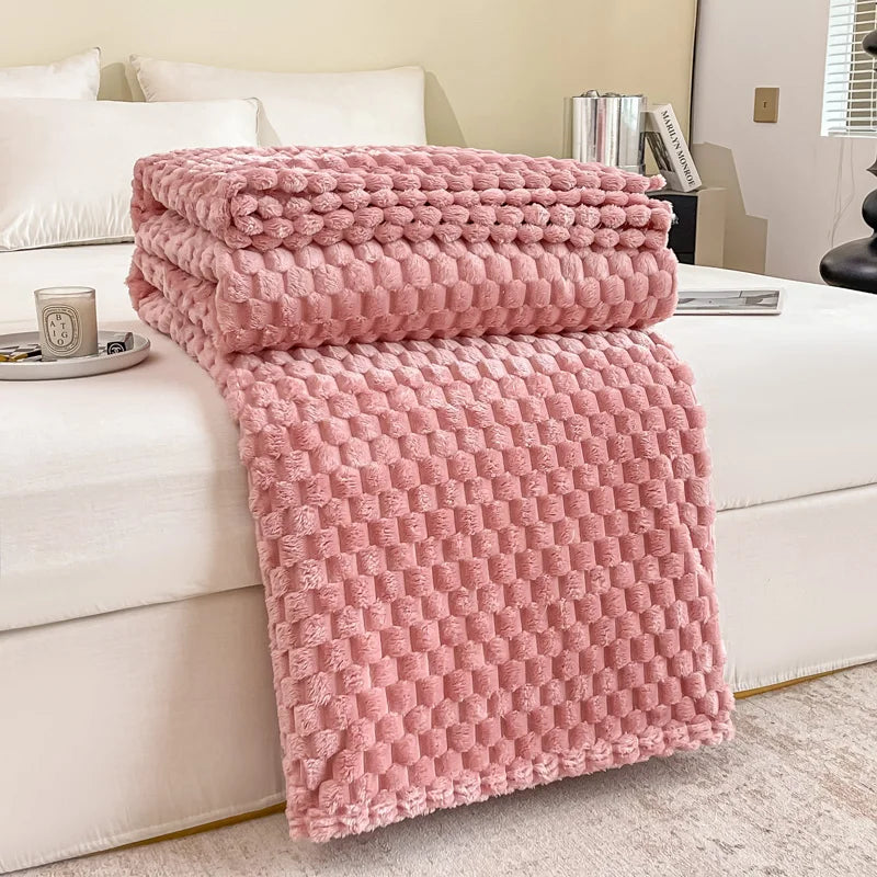 Checked Velvet Throw Blanket for Sofa and Bed