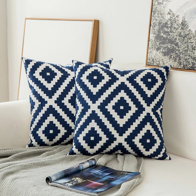 Blue Embroidered Cushion Cover with Ornament Pattern