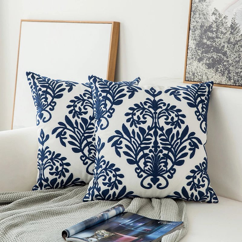 Blue Embroidered Cushion Cover with Ornament Pattern