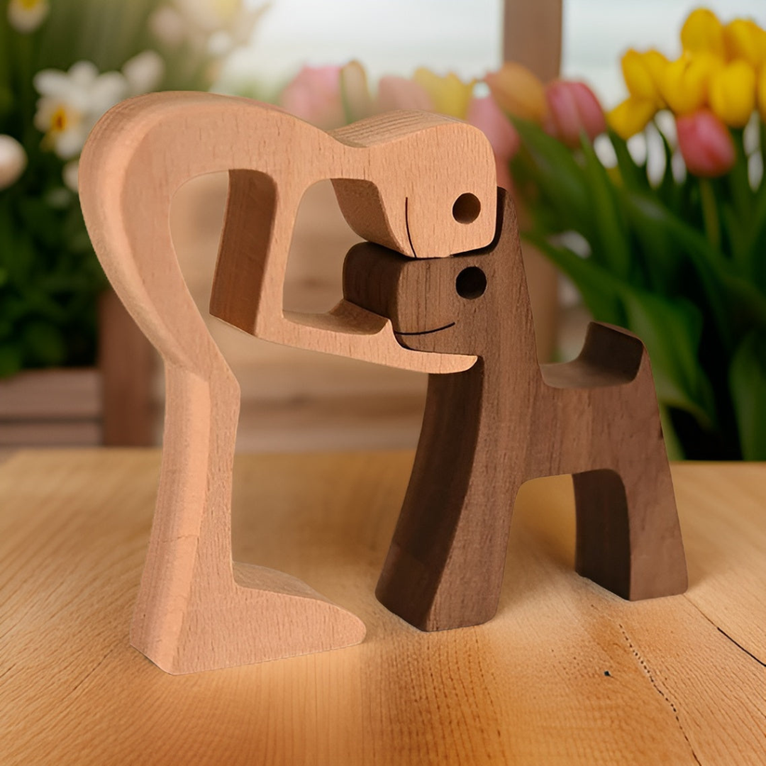 Handmade Wooden Dog & Owner Figurine