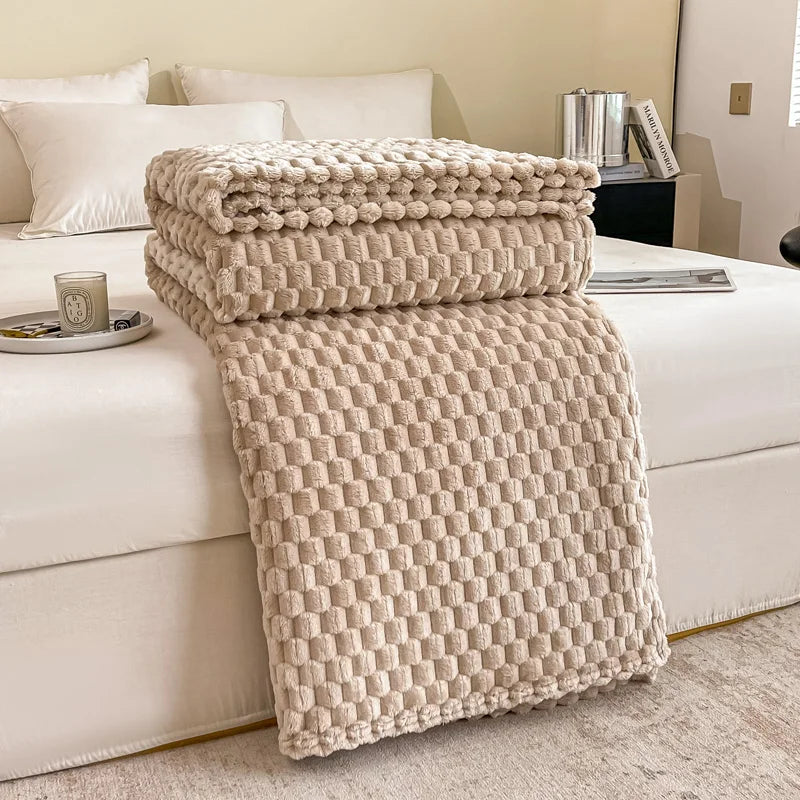 Checked Velvet Throw Blanket for Sofa and Bed