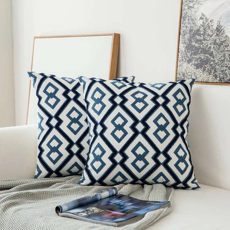 Blue Embroidered Cushion Cover with Ornament Pattern