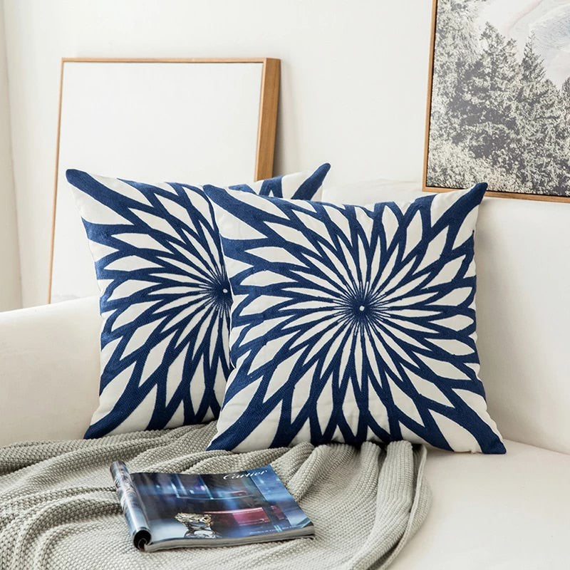 Blue Embroidered Cushion Cover with Ornament Pattern